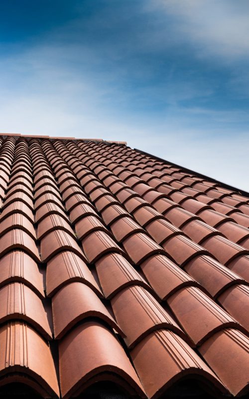Vertical view of a tiled roof brown.